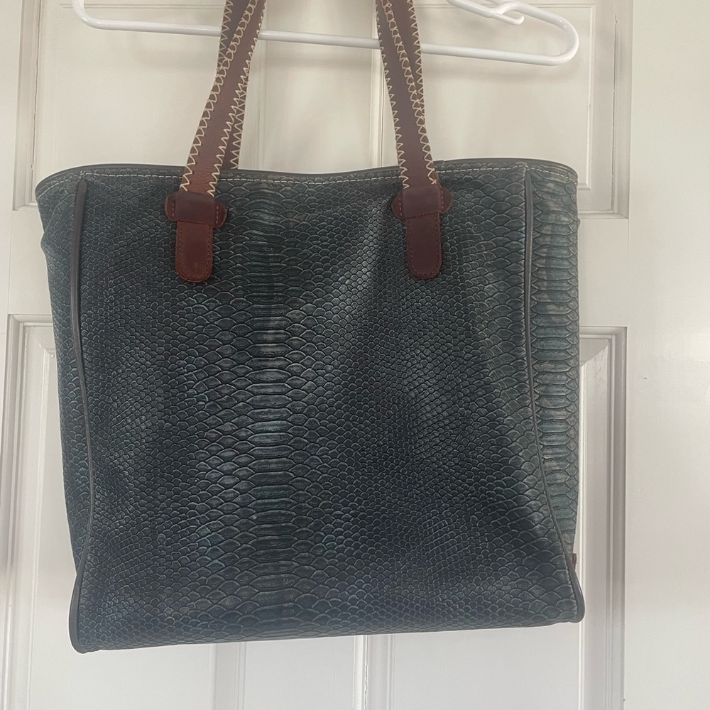 Consuela Teal Snake-Embossed Leather Tote with Brown Handles